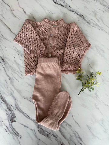 Bebe Organic Mila Dusty Rose Cardigan + Footed Pant Set