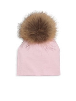 Bari Lynn Pink Cotton Baby Hat with Large Brown Fur Pom-pom