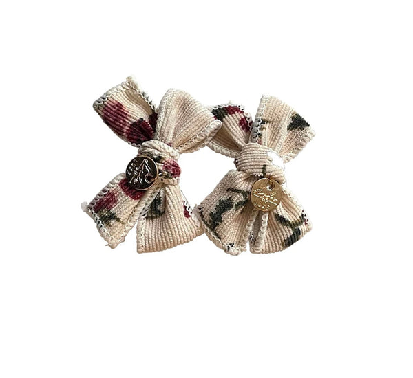 Halo Luxe Elsie Corduroy Double Bow Clips Ivory Floral
