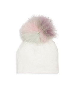 Bari Lynn White Cotton Baby Hat with Large Multi Color Pink Fur Pom-pom