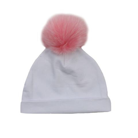 Bari Lynn White Cotton Baby Hat with Pink Fur Pom-pom