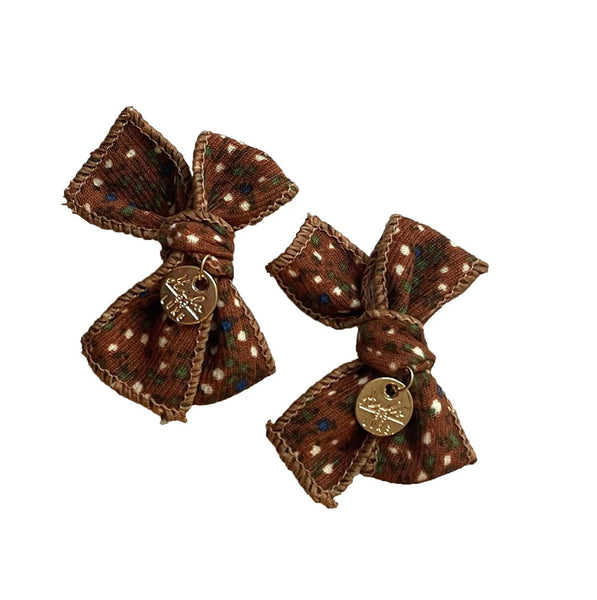Halo Luxe Elsie Corduroy Double Bow Clips Caramel Brown Floral