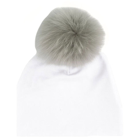 Bari Lynn White Cotton Baby Hat with Pale Grey Fur Pom-pom