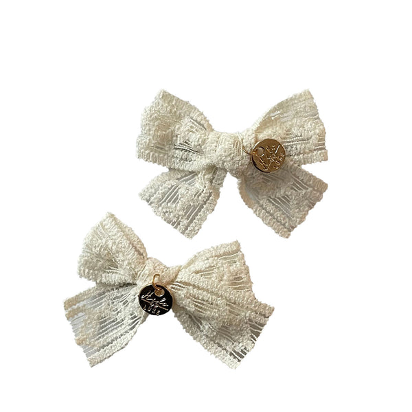 Halo Luxe Isla lace knit double bow clips ivory