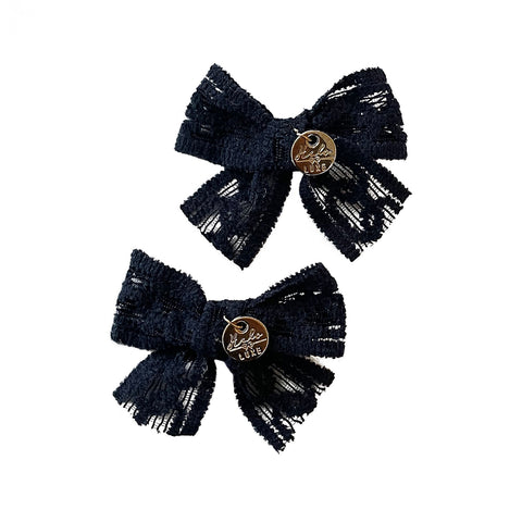 Halo Luxe Isla lace knit double bow clips navy
